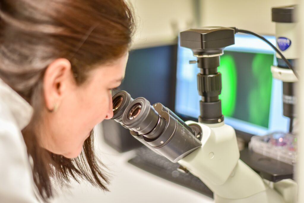 Researcher looking at the microscope